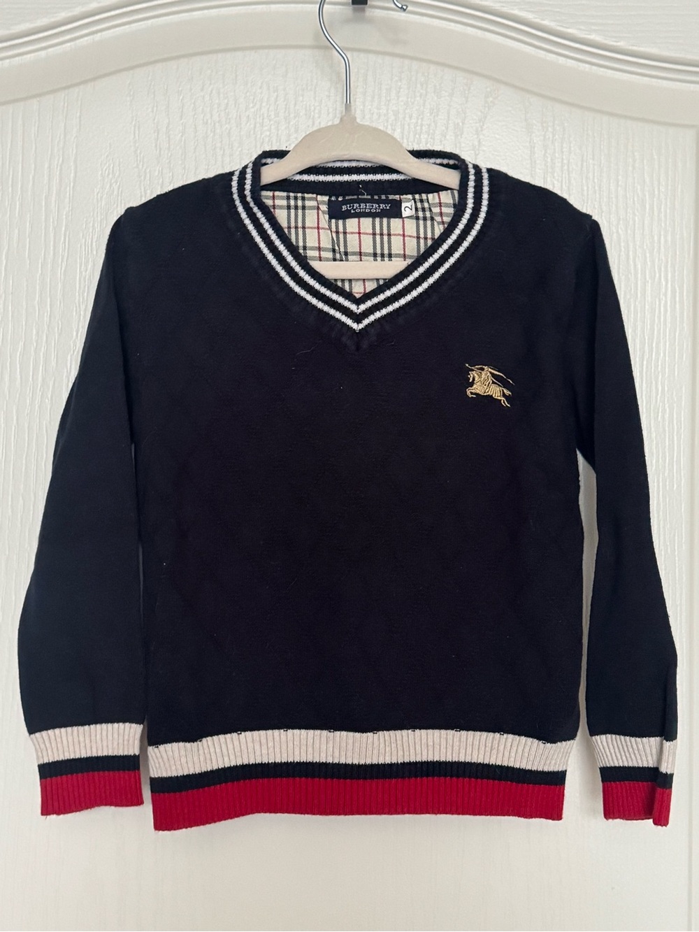 Burberry Navy V-Neck Knit Sweater with Cream and Red Trim
